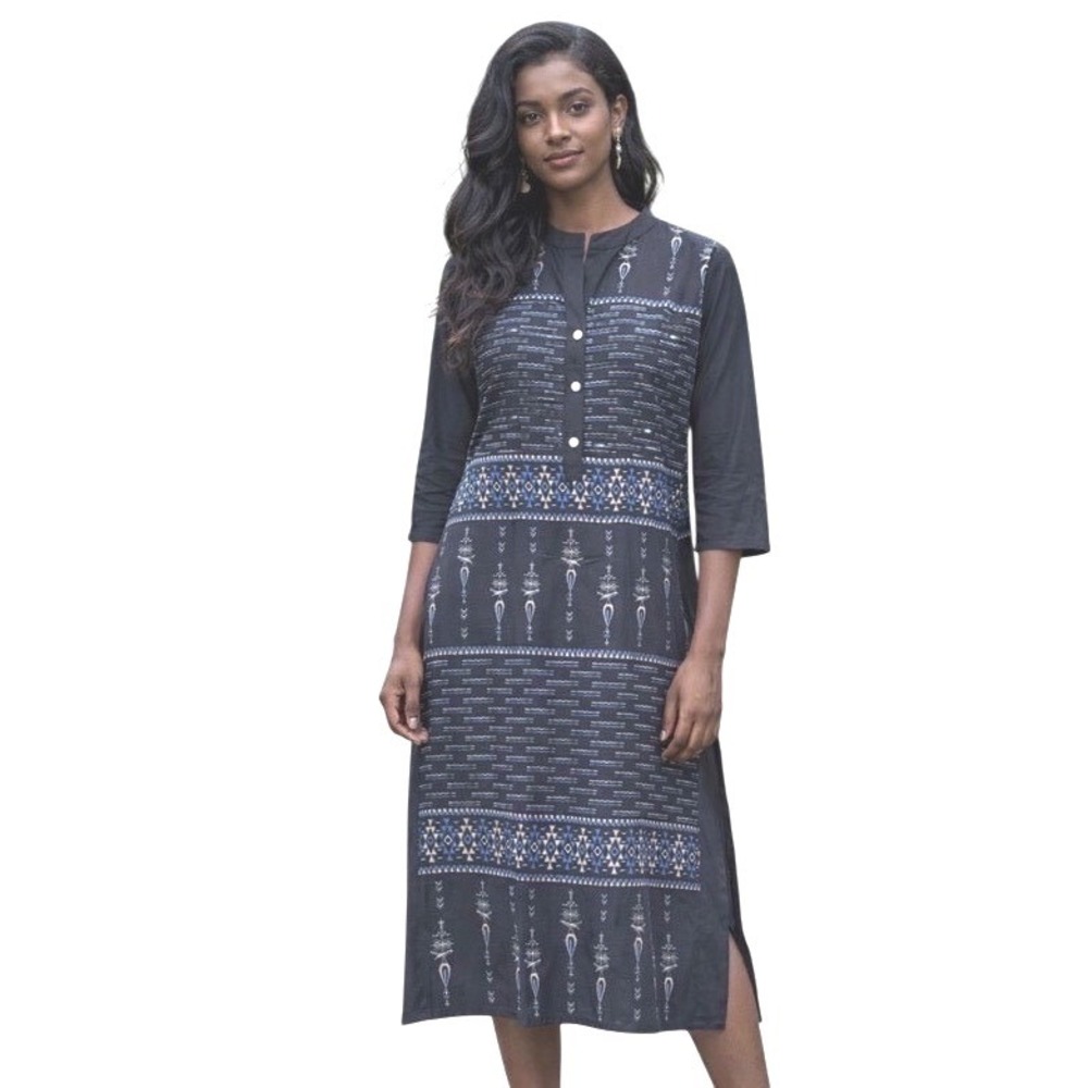 Kurta Tunic Dress Size Large Black Crepe Geometric Foil Print Straight